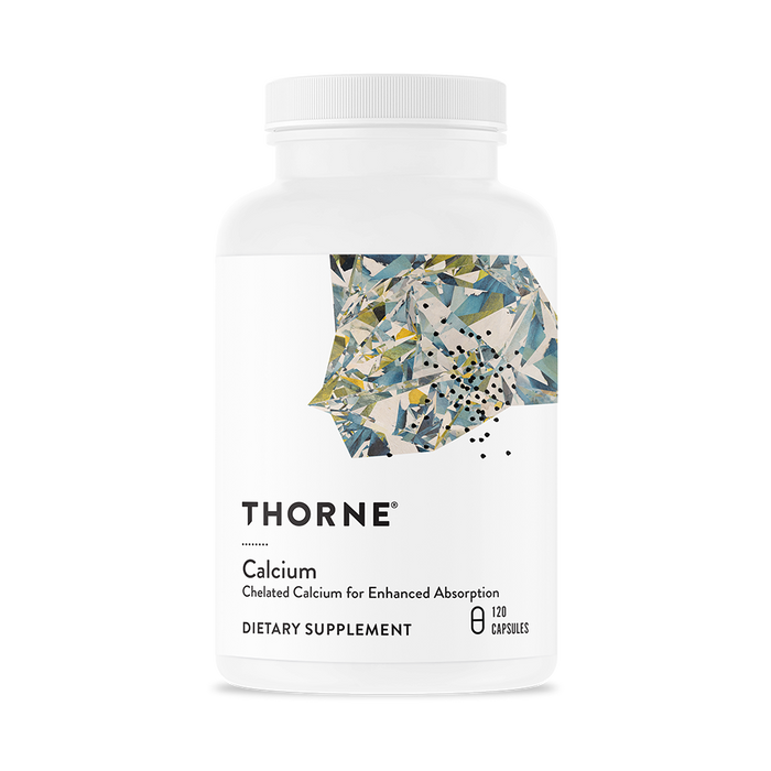 Thorne Calcium supplement is contained in a white bottle with an abstract geometric label design. It holds 120 capsules, perfect for peri- and postmenopausal women, providing chelated calcium for better absorption.