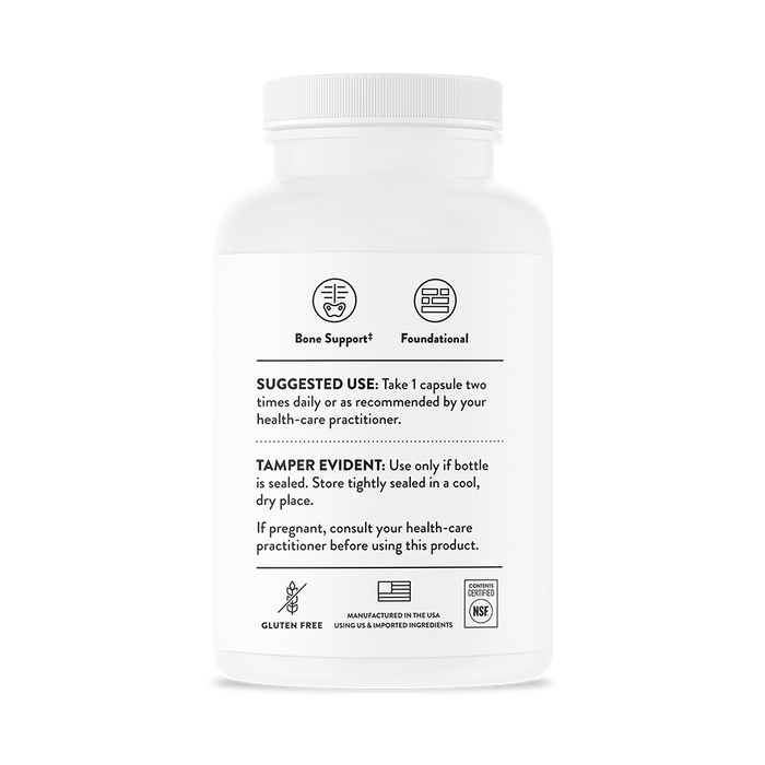 A white Thorne Calcium bottle features icons for bone support and foundational health. Take one capsule twice daily. Includes tamper evidence warning and advice for peri- and postmenopausal women to consult a healthcare practitioner.