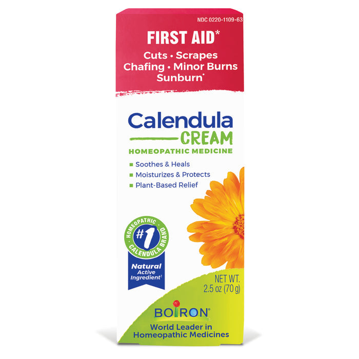 Boirons Calendula Cream, weighing 2.5 oz (70g), is renowned for its natural healing properties and first aid use on cuts, scrapes, chafing, minor burns, and sunburn. It features a calendula flower image emphasizing its moisturizing benefits.