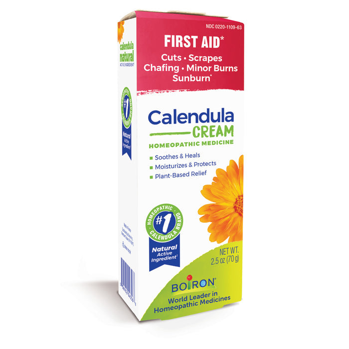 The 2.5 oz Calendula Cream by Boiron is a homeopathic remedy for skin issues like cuts, scrapes, chafing, minor burns, and sunburns. It features botanical illustrations highlighting natural healing with plant-based relief.