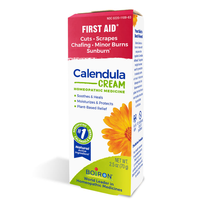 Boirons Calendula Cream is a homeopathic remedy for skin irritations such as cuts, scrapes, chafing, minor burns, and sunburn, featuring a soothing and moisturizing plant-based formula. The packaging highlights a vibrant calendula flower.
