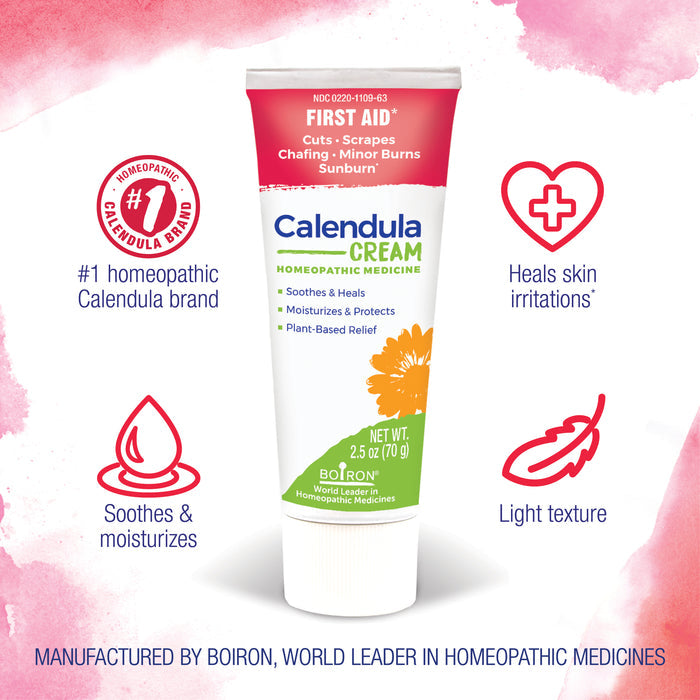 Image of a tube of Calendula Cream by Boiron, a homeopathic medicine for first aid. The cream is designed to soothe and heal cuts, scrapes, chafing, minor burns, and sunburn. The tube is red and white with text indicating its key benefits, including a light texture.
