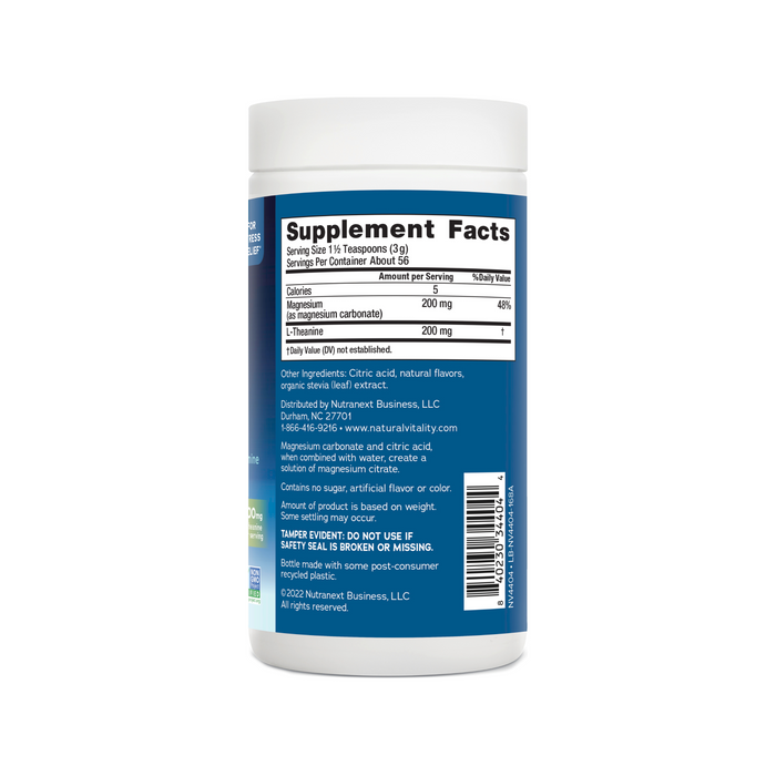 A white container with a blue label displays Supplement Facts, highlighting its role as CALM Magnesium Supplement Drink Mix. It contains 200 mg each of magnesium and L-Theanine, promoting calmness. Manufactured by Natural Vitality, it includes a tamper-evident seal warning.