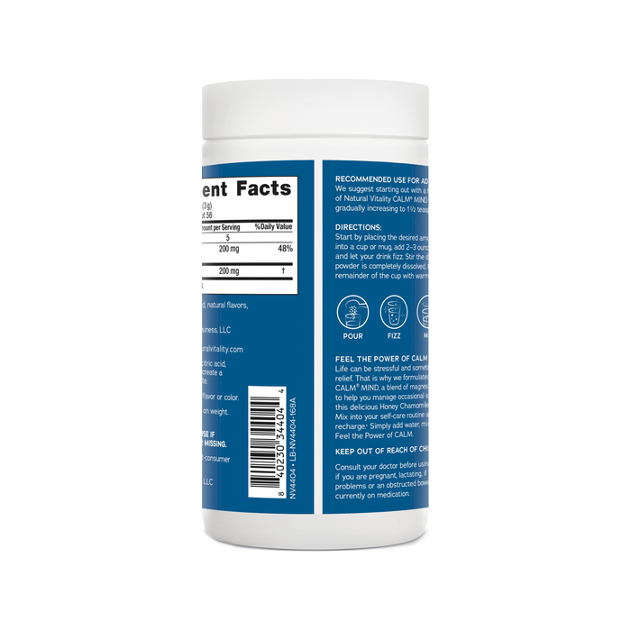 A cylindrical canister labeled in blue with white text for nutrition and usage. It has a white lid and a bottom barcode. Containing soothing magnesium, CALM Magnesium Supplement Drink Mix by Natural Vitality helps maintain peace of mind.