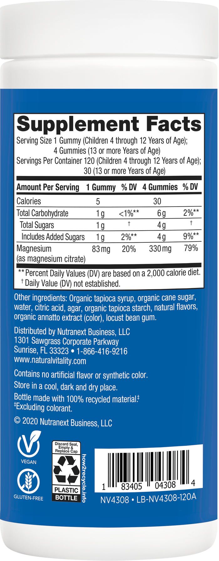 The image shows the back label of Natural Vitalitys CALM Magnesium Supplement Gummies, highlighting Nutrition Facts like serving size, calories, carbohydrates, sugars, and magnesium per serving. It also includes stress support ingredients and contact details for Natural Vitality.