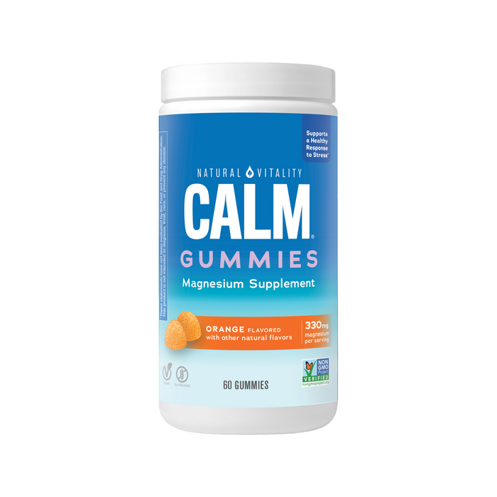 Natural Vitalitys CALM Magnesium Supplement Gummies come in a white bottle and support stress relief and mood balance. The label is blue/orange, stating Orange Flavored with 330 mg magnesium per serving. It contains 60 non-GMO verified gummies.