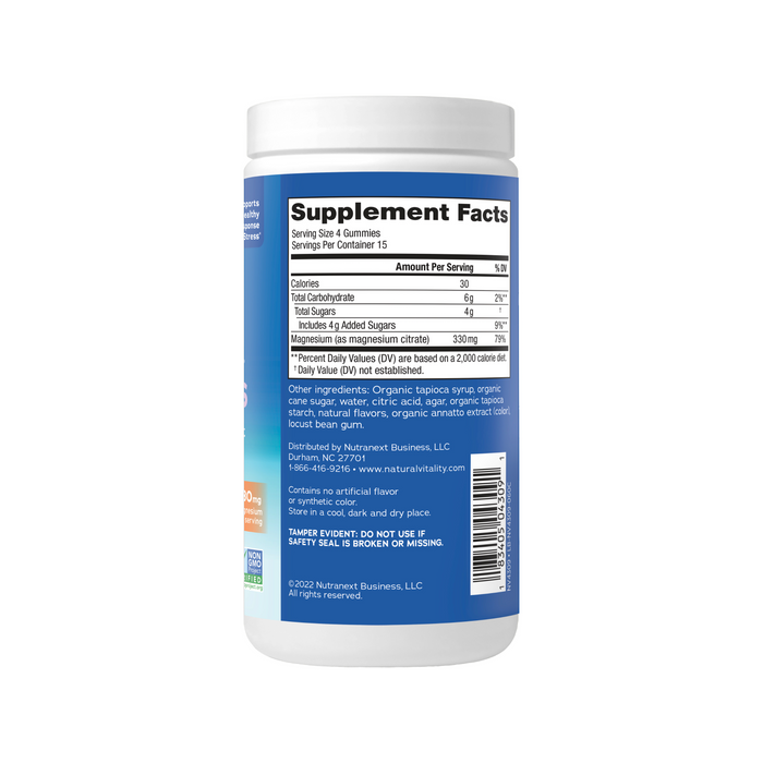 Natural Vitalitys CALM Magnesium Supplement Gummies are gluten-free, dye-free, and vegetarian-friendly. The supplement facts label highlights 20 calories per serving, 6g total carbohydrates, and 330mg magnesium citrate for mood balance.