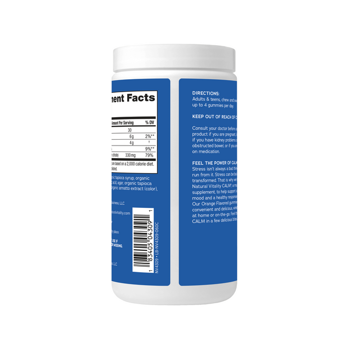 The blue container with a white lid features a nutrition facts label and product directions, showcasing its role as Natural Vitality’s CALM Magnesium Supplement Gummies for balanced mood. It includes serving size details, usage instructions, and an orange stripe at the top.