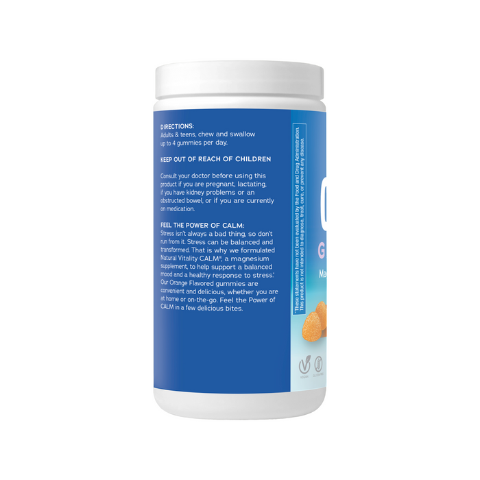 A white CALM Magnesium Supplement Gummies bottle by Natural Vitality features a blue label with English directions, child safety warnings, and highlights stress support benefits and balanced mood. The label also depicts orange gummies.