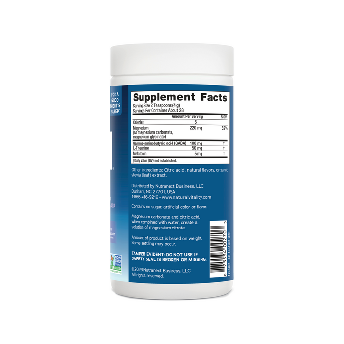 A white bottle of Natural Vitalitys CALM SLEEP Magnesium Supplement Drink Mix features a Supplement Facts label. It contains magnesium carbonate, organic flavor, and citric acid for a perfect relaxing drink mix. Manufactured by NaturalCare Business, LLC. Do not use if the seal is broken or missing.