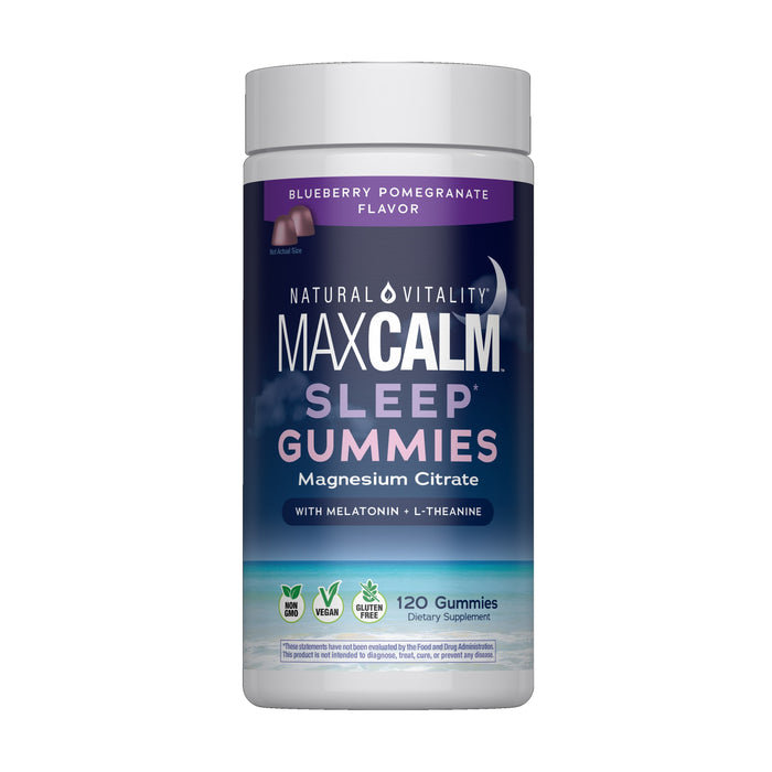 Natural Vitality CALM Sleep with Melatonin Gummies, Blueberry-Pomegranate flavor, offers magnesium citrate and L-theanine. The vegan, gluten-free, and non-GMO formula comes in a 120-count bottle.