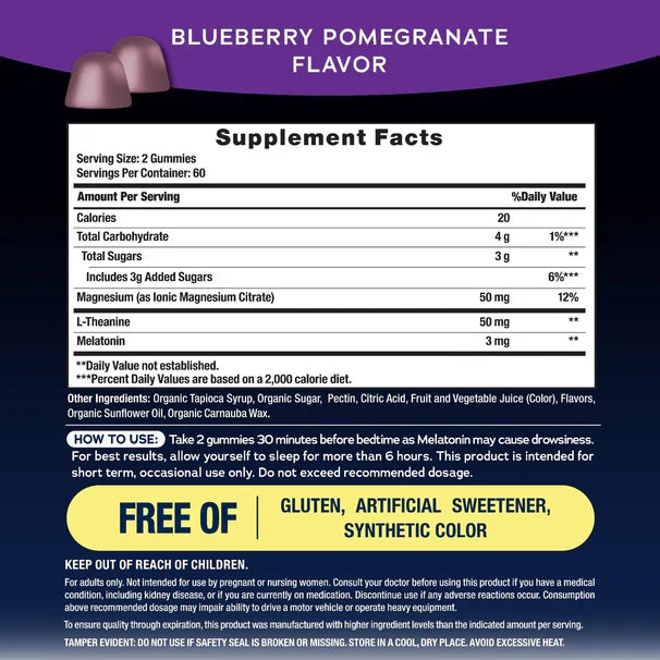 The supplement facts label for Natural Vitality CALM Sleep with Melatonin Gummies Blueberry-Pomegranate Flavor lists nutrition, ingredients, usage directions, and notes at the bottom that it’s free of gluten, artificial sweeteners, and synthetic colors.