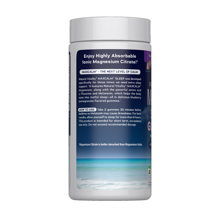 Back label of Natural Vitality CALM Sleep with Melatonin Gummies Blueberry-Pomegranate Flavor, showing instructions and product details, with a relaxing beach scene at the bottom of the label.