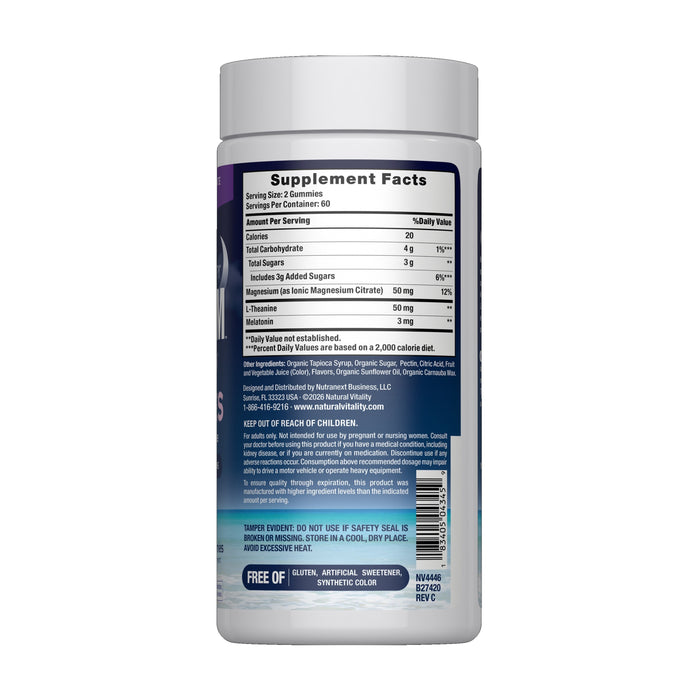The back of the CALM Sleep with Melatonin Gummies Blueberry-Pomegranate Flavor bottle by Natural Vitality displays Supplement Facts, ingredients, warnings, and manufacturer info. The label confirms it's free of gluten, artificial sweetener, and synthetic color.