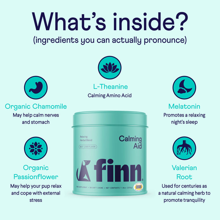 An informational image for Finn Calming Aid for dogs. Lists key ingredients: Organic Chamomile (calms nerves/stomach), L-Theanine (calms), Melatonin (promotes sleep), Organic Passionflower (relaxes),  Valerian Root (calms anxiety/tranquility).