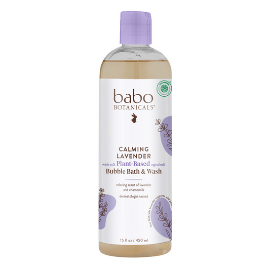 The image shows a 15 oz transparent bottle of Babo Botanicals Calming Bubble Bath & Wash, featuring lavender imagery on its label. The product is emphasized for its plant-based, dermatologist-tested ingredients, ideal for aromatherapy, and comes with a purple cap.