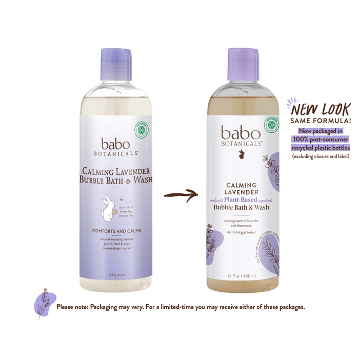 Compare Babo Botanicals Calming Bubble Bath & Wash: Left shows the original, right features new packaging made with 100% post-consumer recycled plastic, labeled NEW LOOK SAME FORMULA for a soothing aromatherapy experience.