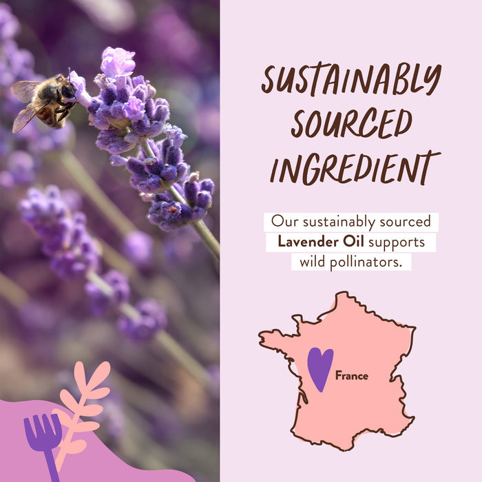 A bee on lavender accompanies Sustainably Sourced Ingredient in a Babo Botanicals design. A French map highlights the sustainable origin of lavender oil, ideal for aromatherapy or a calming bubble bath, supporting wild pollinators with Calming Bubble Bath & Wash.