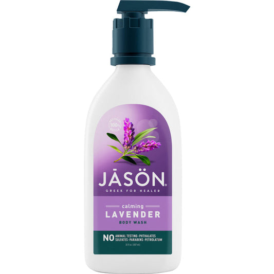 Jasons Calming Lavender Body Wash in an 887mL pump bottle is ideal for sensitive skin. The label features lavender flowers and states NO animal testing, phthalates, sulfates, parabens, petrolatum. It contains gentle botanical surfactants.