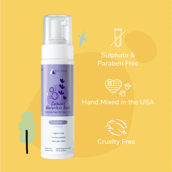 Discover kin+kinds Calming Lavender Waterless Bath for Cats & Dogs, a natural pet care foam with lavender scent and chamomile. Sulphate and paraben free, cruelty free, hand mixed in the USA, it features icons on a vibrant yellow background.