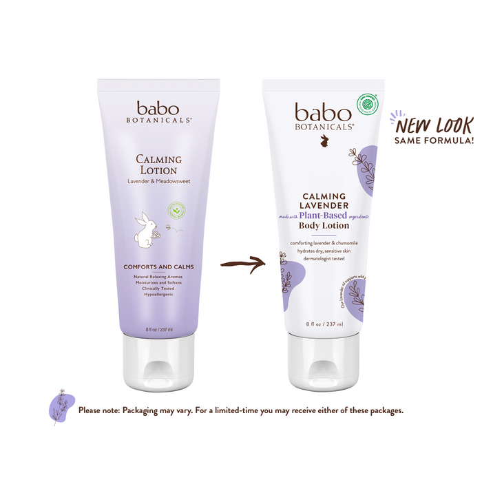 Two tubes of Babo Botanicals Calming Lotion for sensitive skin are pictured. The left has the old solid purple design, while the right features a lighter, floral-patterned one. A note states that packaging may vary but maintains its hypoallergenic nature.