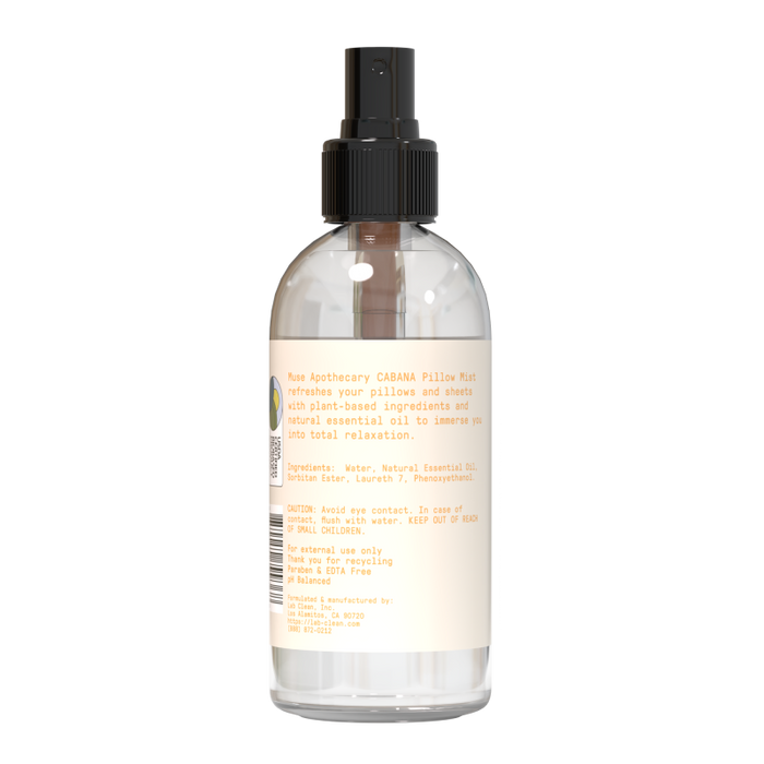 Muse Apothecarys Calming Pillow Mist spray features plant-based ingredients and natural essential oils for relaxation. The label offers usage guidance and safety tips for proper enjoyment.