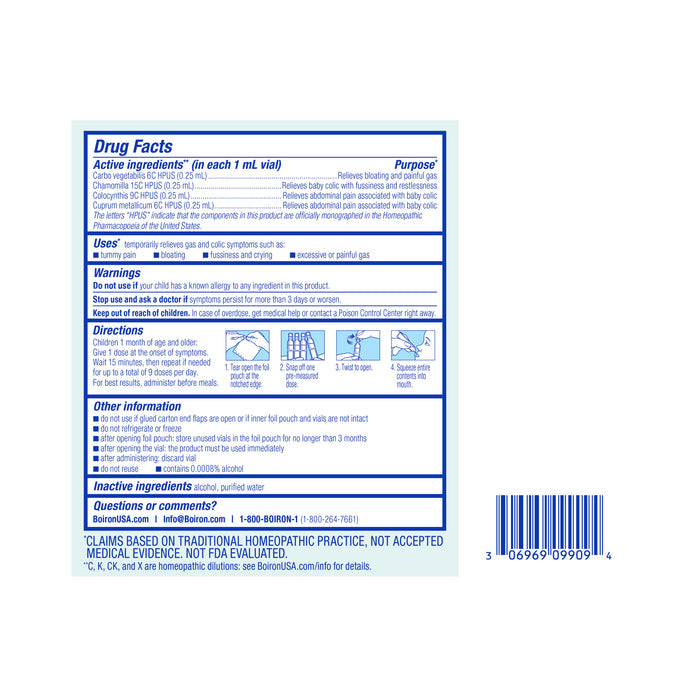 The Camilia Tummy product box from Boiron displays drug facts for eye drops, including active ingredients, uses, and warnings. A barcode and a contact number are provided for inquiries. Note: claims not FDA evaluated—ideal for homeopathic tummy pain or colic symptom relief seekers.