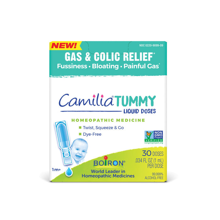 Boirons Camilia Tummy offers homeopathic relief for infants tummy pain with 30 non-GMO, alcohol-free doses. The green and white box addresses gas and colic symptoms and is gentle for babies 1 month and older.