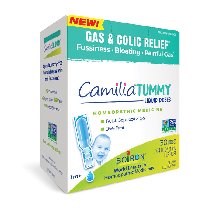 Boirons Camilia Tummy liquid doses for infants 1 month+ offer homeopathic relief from fussiness, bloating, and painful gas. The box features a baby image and product details about its non-GMO, dye-free formula for colic symptom relief.