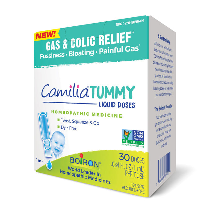 Boirons Camilia Tummy offers homeopathic relief for baby gas and colic, effectively easing fussiness, bloating, and painful gas. The packaging contains 30 dye-free, non-GMO, nearly alcohol-free liquid doses.
