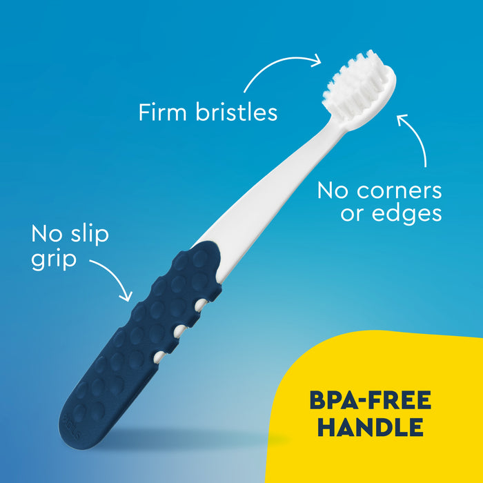 The Radius Canine Organic Dental Solutions Kit, All Ages, 3 CT features a toothbrush with firm bristles, a BPA-free handle, no-slip dark blue grip, and rounded edges—shown on a blue background with labeled features.