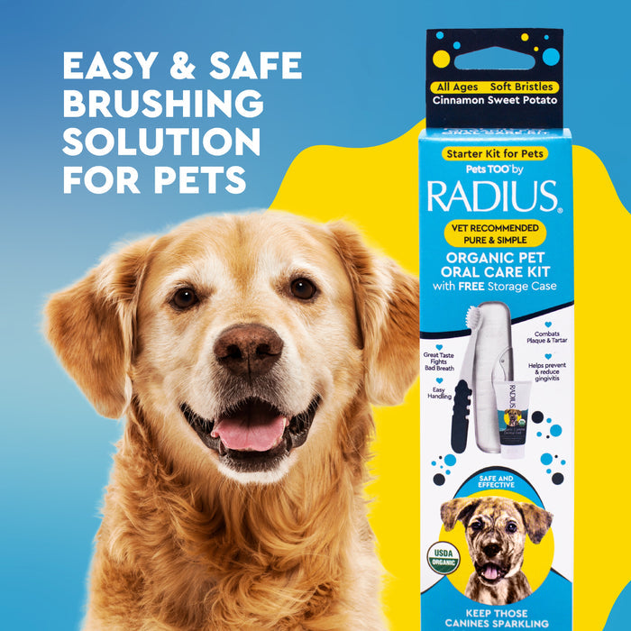 A happy golden retriever sits beside a Radius Canine Organic Dental Solutions Kit, All Ages, 3 CT box on a blue and yellow background with the text: Easy & Safe Brushing Solution for Pets.