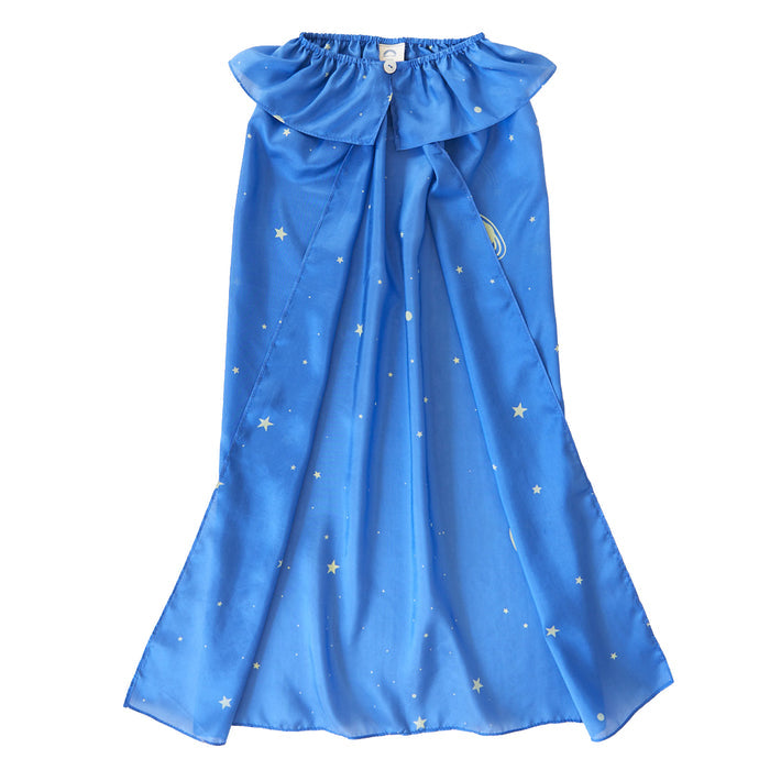 A bright blue silk cape from Sarahs Silks, adorned with small yellow stars and featuring a wide collar with a button closure at the top. Its flowing fabric resembles a night sky, ideal for dress-up or dramatic play adventures.
