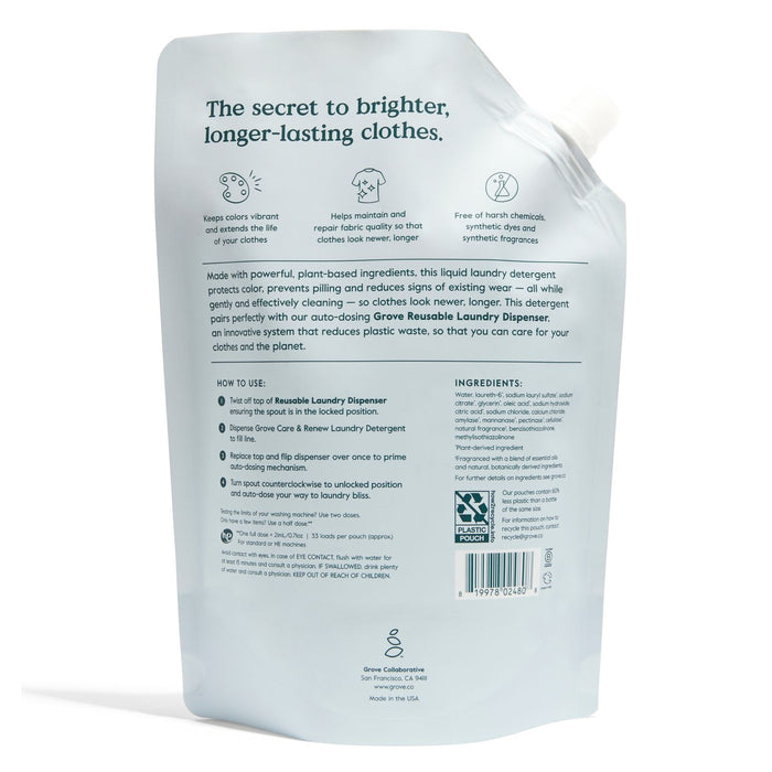 This white stand-up pouch of Care & Renew Liquid Laundry Detergent by Grove Co. features green text with instructions and benefits, highlighting plant-based ingredients and promoting the EPA Safer Choice Program for enhancing brightness and color protection in clothes.