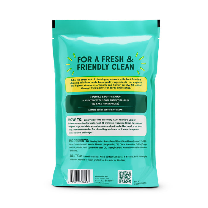 The packaging for Aunt Fannies Carpet Refresher - Refill emphasizes its pet and people-friendly formula, use of pure essential oils, vegan composition, and absence of artificial fragrances. Ingredients and usage instructions are provided at the bottom.