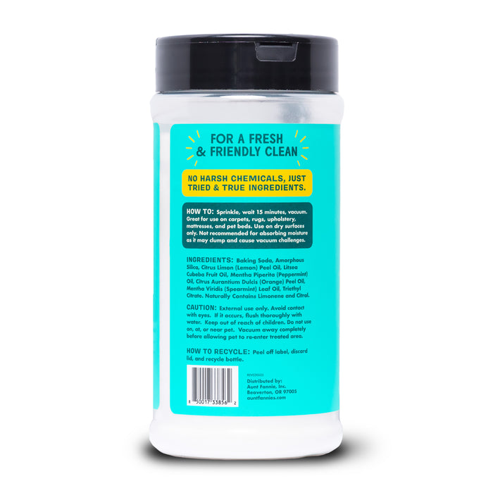 Aunt Fannies Carpet Refresher for Cats comes in a white and teal container labeled No Harsh Chemicals, Just Tried & True Ingredients, with details on ingredients, usage, cautions, and recycling—great for carpets or pet beds.