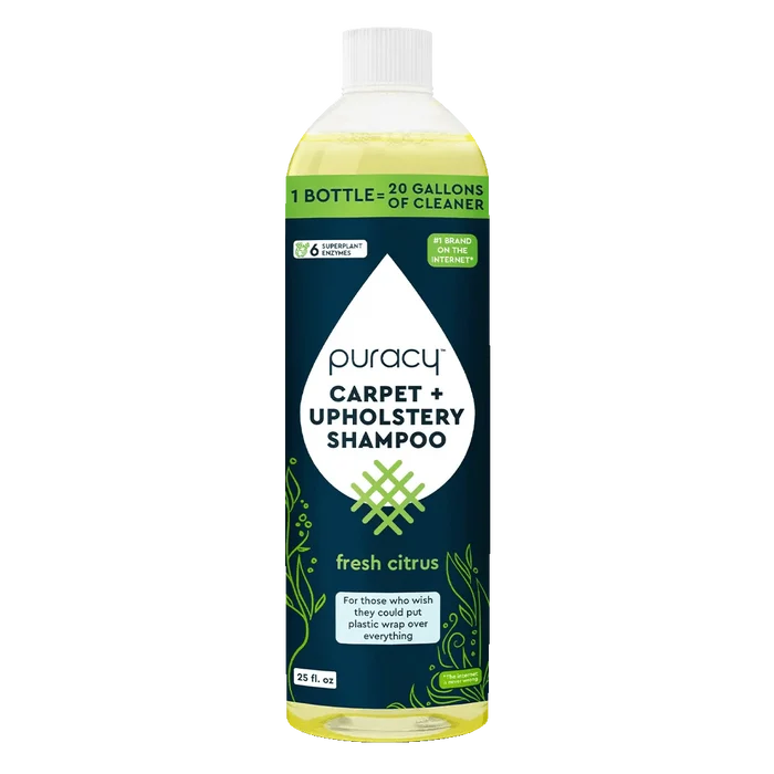 A 25 fl oz bottle of Carpet & Upholstery Shampoo, fresh citrus scent, 4x concentrated formula.