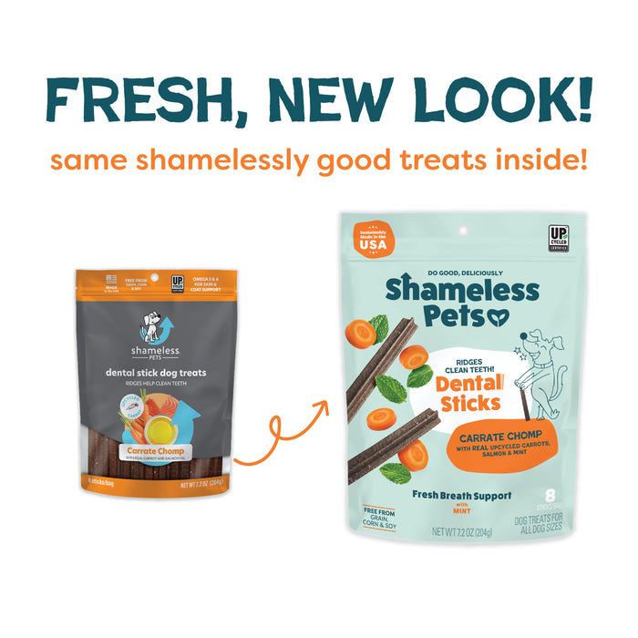 Two packages of Shameless Pets Carrate Chomp Dental Stick are displayed: the old gray bag on the left and the new mint green bag on the right, with an arrow highlighting the updated packaging.