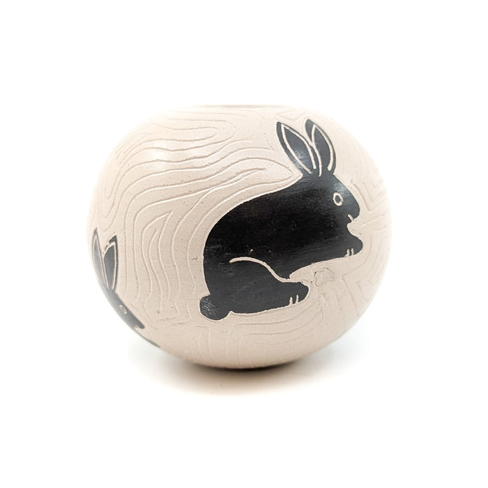 Carved Seed Pot with Black Bunny