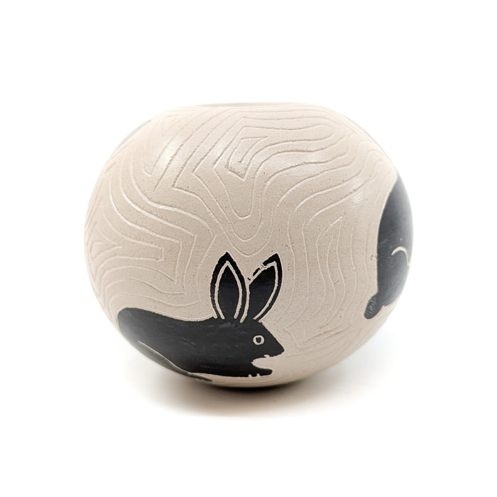 Carved Seed Pot with Black Bunny