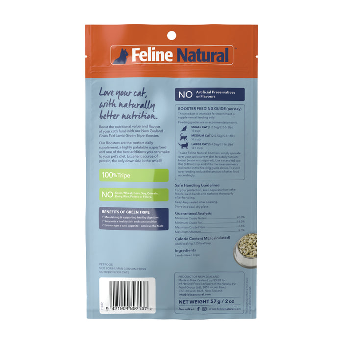 The Grain-Free Freeze-Dried Cat Food Supplement by Feline Natural features a vibrant orange and blue back with feeding guidelines, benefits of green tripe, 100% Tripe, and Freeze-Dried Boosters, emphasizing no artificial preservatives or flavors.