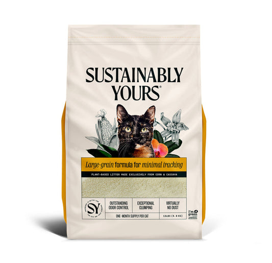Sustainably Yours Cat Litters 13lb large-grain formula bag features a cat image and promotes its plant-based, minimal tracking qualities. The packaging boasts outstanding odor control and exceptional clumping, making it an excellent choice for sustainable cat litter.