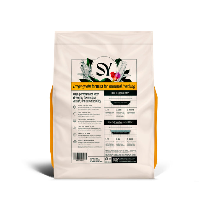 A 13lb white bag of Sustainably Yours Cat Litter features a logo with green leaves and a bird. It includes text on sustainable cat litter, highlighting superior odor control, minimal tracking, and diagrams/icons emphasizing sustainability.