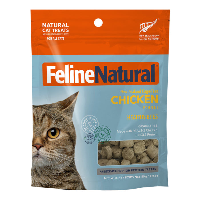 A blue and orange bag of Feline Natural Grain-Free Freeze-Dried Cat Treats, showing a cat's face on the left and images of the treats at the bottom.