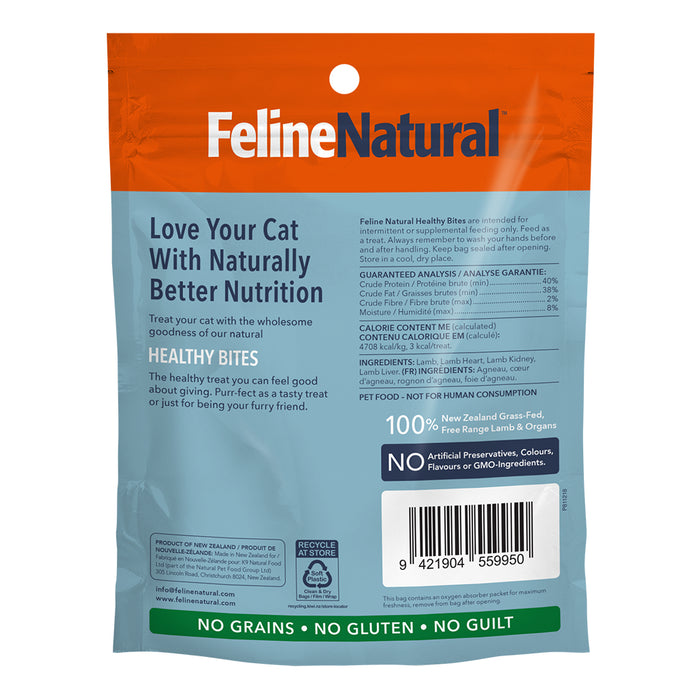 Back of a Feline Natural Grain-Free Freeze-Dried Cat Treats package: Made with natural New Zealand ingredients, no grains, gluten, or artificial additives. Packaging is orange and blue with a barcode at the bottom right.