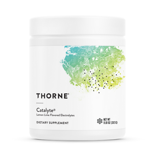 A white container of Thornes Catalyte electrolyte powder holds 11.0 oz (312g) with a lemon-lime flavor and features abstract green and blue artwork, ideal for electrolyte restoration and endurance support.
