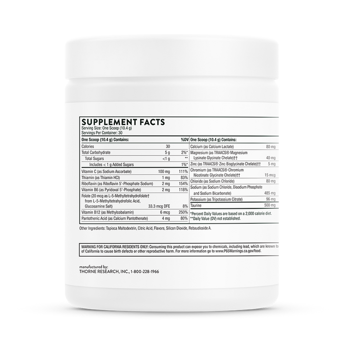 A white Catalyte container by Thorne features a label with supplement facts, including servings, calories, and vitamin information for optimal endurance recovery. A California warning is present, and Thorne Research, Inc.s contact details are printed at the bottom.