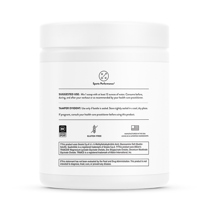 Thornes Catalyte comes in a white container featuring usage details, such as mixing one scoop with 12 ounces of water for endurance recovery. Its gluten-free and advises consulting a healthcare practitioner if pregnant. Includes tamper evidence and notes FDA evaluation is pending.