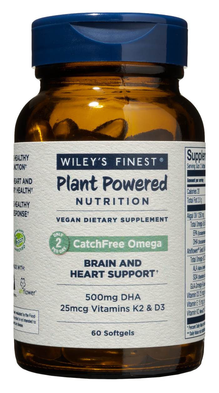 A brown bottle of Wiley’s Finest Catchfree Omega-3 offers plant-based, fish-free omega-3 for brain and heart support—60 softgels with 500mg DHA from algae plus 25mcg vitamins K2 and D3.