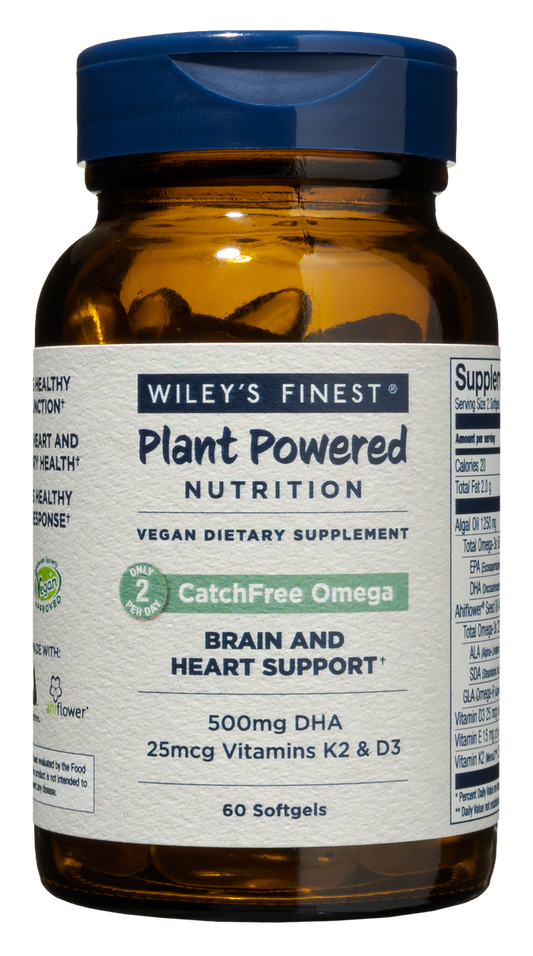 A brown bottle of Wiley’s Finest Catchfree Omega-3 offers plant-based, fish-free omega-3 for brain and heart support—60 softgels with 500mg DHA from algae plus 25mcg vitamins K2 and D3.
